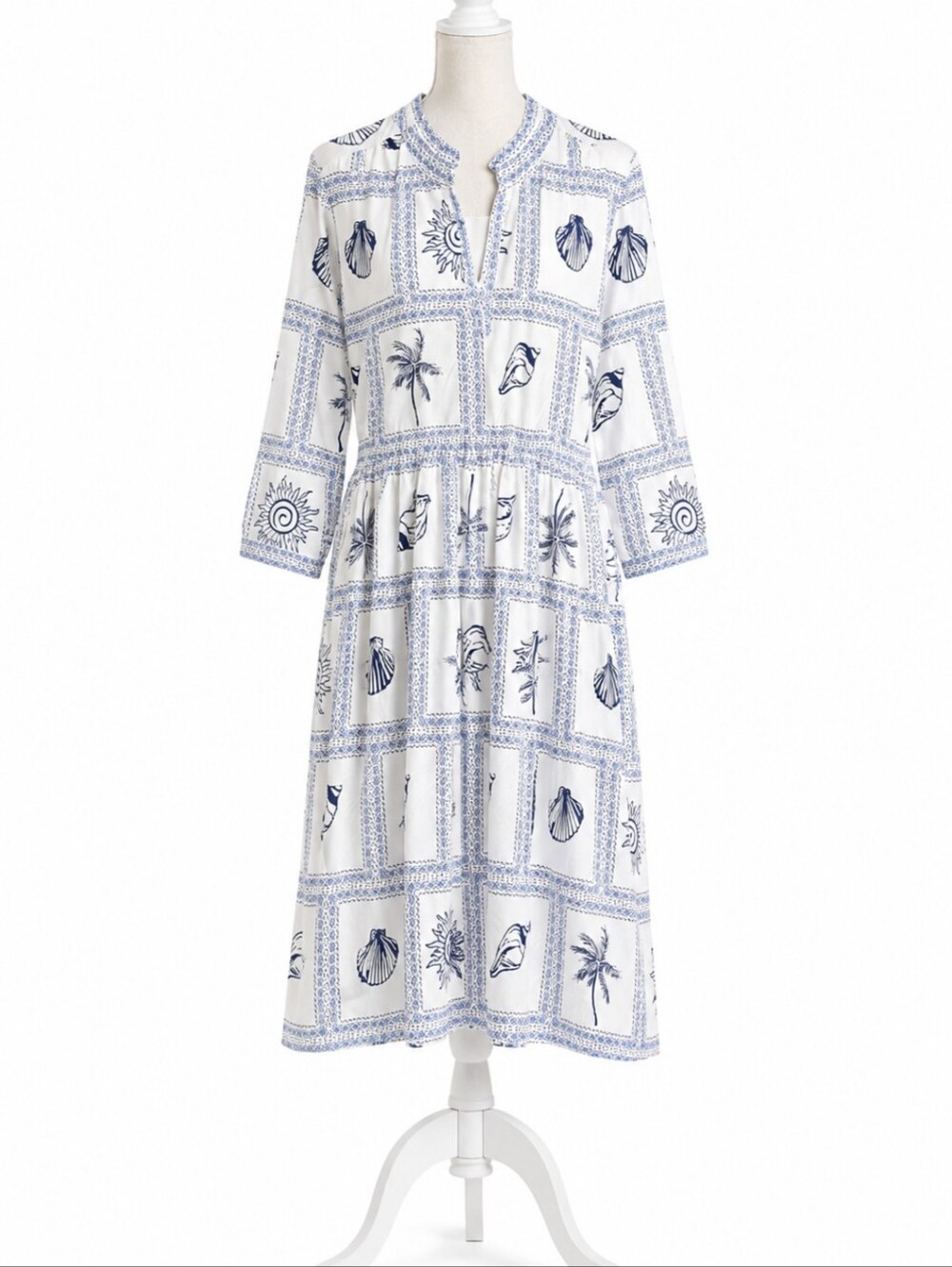 Calypso St Barth XL Blue White Beach Print Dress Shell Palm Tree Boho Midi